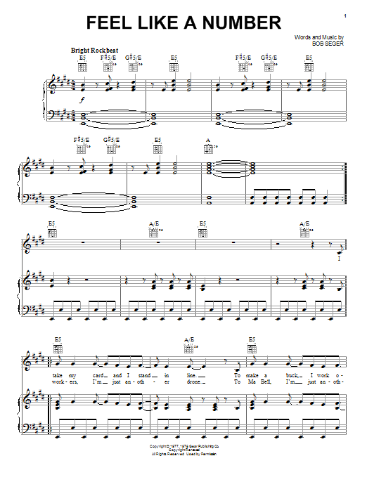 Preview Bob Seger Feel Like A Number Rock sheet music, notes and chords for Piano, Vocal & Guitar (Right-Hand Melody), SKU: 26426 sheet music, piano notes, chords, guitar tabs, score, transpose, transcribe, how to play, guide, download, learn, tutorial, progression, song, artist, awards, billboard, mtv, vh1, tour, single, album, release