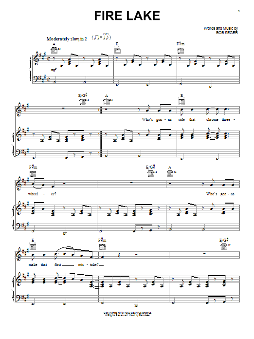 Preview Bob Seger Fire Lake Rock sheet music, notes and chords for Piano, Vocal & Guitar (Right-Hand Melody), SKU: 26427 sheet music, piano notes, chords, guitar tabs, score, transpose, transcribe, how to play, guide, download, learn, tutorial, progression, song, artist, awards, billboard, mtv, vh1, tour, single, album, release