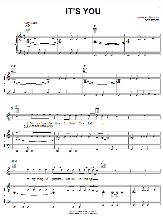Preview Bob Seger It's You Rock sheet music, notes and chords for Piano, Vocal & Guitar (Right-Hand Melody), SKU: 26429 sheet music, piano notes, chords, guitar tabs, score, transpose, transcribe, how to play, guide, download, learn, tutorial, progression, song, artist, awards, billboard, mtv, vh1, tour, single, album, release
