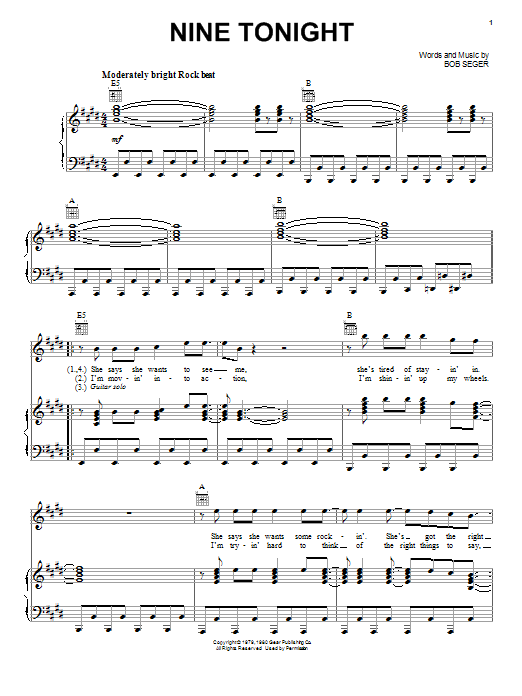 Preview Bob Seger Nine Tonight Rock sheet music, notes and chords for Piano, Vocal & Guitar (Right-Hand Melody), SKU: 26430 sheet music, piano notes, chords, guitar tabs, score, transpose, transcribe, how to play, guide, download, learn, tutorial, progression, song, artist, awards, billboard, mtv, vh1, tour, single, album, release