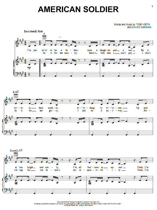 Preview Toby Keith American Soldier Country sheet music, notes and chords for Piano, Vocal & Guitar (Right-Hand Melody), SKU: 26433 sheet music, piano notes, chords, guitar tabs, score, transpose, transcribe, how to play, guide, download, learn, tutorial, progression, song, artist, awards, billboard, mtv, vh1, tour, single, album, release