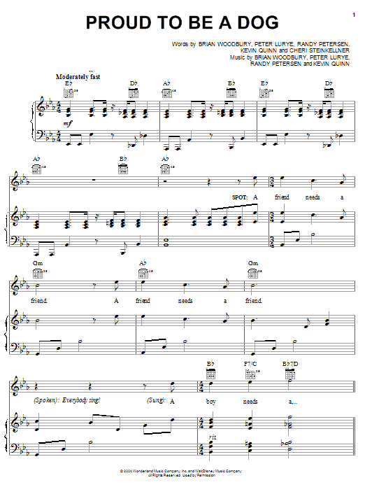 Preview Brian Woodbury Proud To Be A Dog (from Disney's Teacher's Pet) Film and TV sheet music, notes and chords for Piano, Vocal & Guitar (Right-Hand Melody), SKU: 26440 sheet music, piano notes, chords, guitar tabs, score, transpose, transcribe, how to play, guide, download, learn, tutorial, progression, song, artist, awards, billboard, mtv, vh1, tour, single, album, release