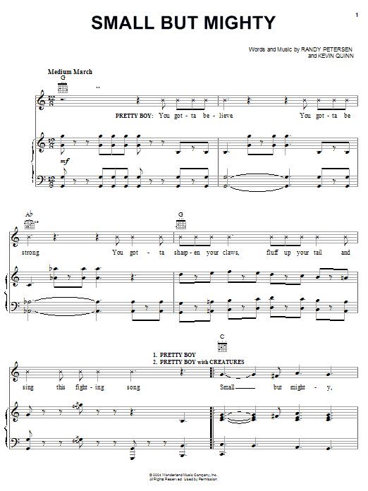Preview Randy Petersen Small But Mighty (from Disney's Teacher's Pet) Film and TV sheet music, notes and chords for Piano, Vocal & Guitar (Right-Hand Melody), SKU: 26441 sheet music, piano notes, chords, guitar tabs, score, transpose, transcribe, how to play, guide, download, learn, tutorial, progression, song, artist, awards, billboard, mtv, vh1, tour, single, album, release