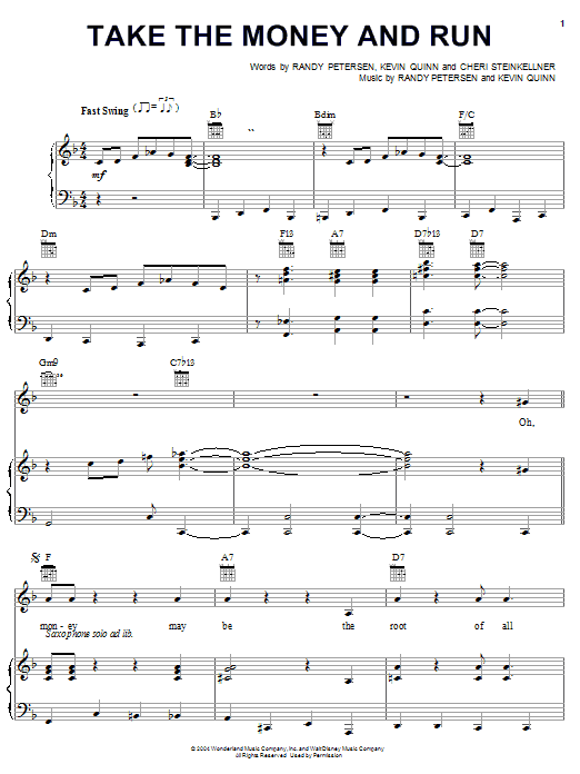 Preview Randy Petersen Take The Money And Run (from Disney's Teacher's Pet) Children sheet music, notes and chords for Piano, Vocal & Guitar (Right-Hand Melody), SKU: 26442 sheet music, piano notes, chords, guitar tabs, score, transpose, transcribe, how to play, guide, download, learn, tutorial, progression, song, artist, awards, billboard, mtv, vh1, tour, single, album, release