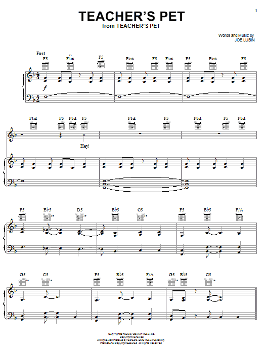 Preview Joe Lubin Teacher's Pet Pop sheet music, notes and chords for Piano, Vocal & Guitar (Right-Hand Melody), SKU: 26444 sheet music, piano notes, chords, guitar tabs, score, transpose, transcribe, how to play, guide, download, learn, tutorial, progression, song, artist, awards, billboard, mtv, vh1, tour, single, album, release