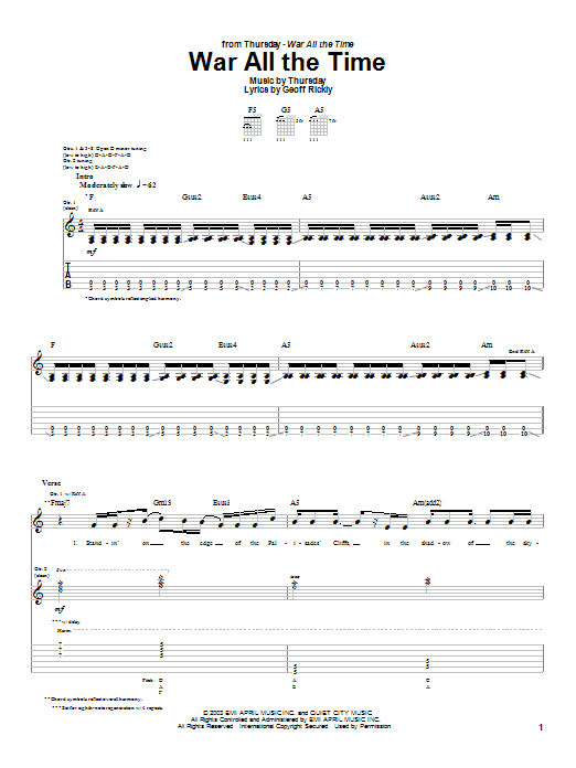 Preview Thursday War All The Time Rock sheet music, notes and chords for Guitar Tab, SKU: 26451 sheet music, piano notes, chords, guitar tabs, score, transpose, transcribe, how to play, guide, download, learn, tutorial, progression, song, artist, awards, billboard, mtv, vh1, tour, single, album, release