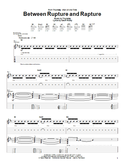 Preview Thursday Between Rupture And Rapture Rock sheet music, notes and chords for Guitar Tab, SKU: 26454 sheet music, piano notes, chords, guitar tabs, score, transpose, transcribe, how to play, guide, download, learn, tutorial, progression, song, artist, awards, billboard, mtv, vh1, tour, single, album, release