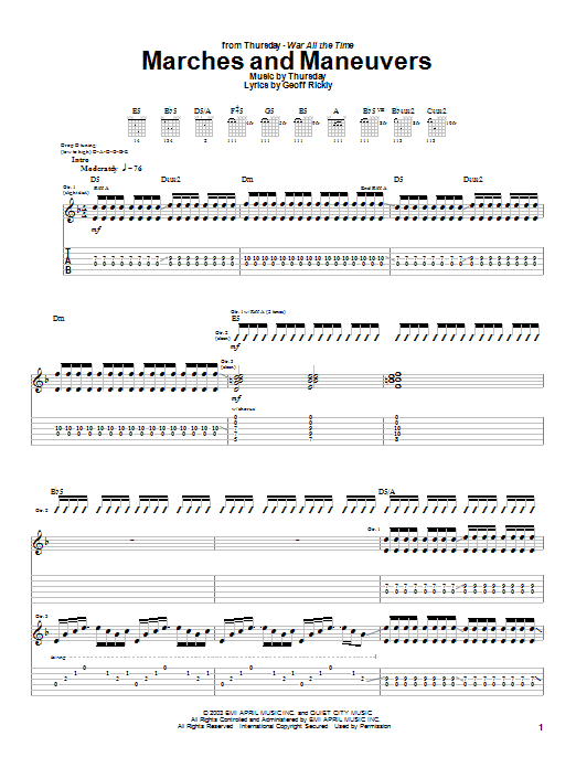 Preview Thursday Marches And Maneuvers Rock sheet music, notes and chords for Guitar Tab, SKU: 26458 sheet music, piano notes, chords, guitar tabs, score, transpose, transcribe, how to play, guide, download, learn, tutorial, progression, song, artist, awards, billboard, mtv, vh1, tour, single, album, release
