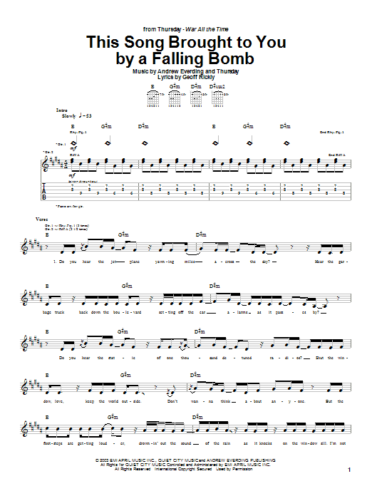 Preview Thursday This Song Brought To You By A Falling Bomb Rock sheet music, notes and chords for Guitar Tab, SKU: 26460 sheet music, piano notes, chords, guitar tabs, score, transpose, transcribe, how to play, guide, download, learn, tutorial, progression, song, artist, awards, billboard, mtv, vh1, tour, single, album, release