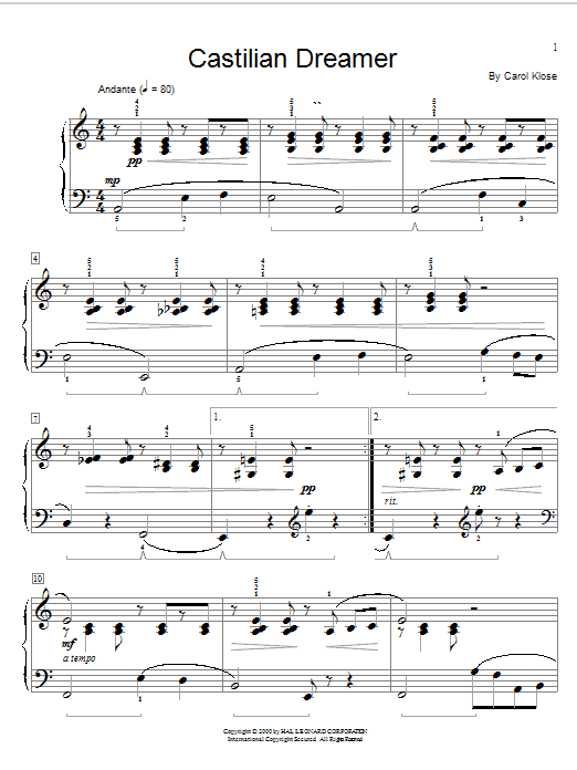 Preview Carol Klose Castilian Dreamer Children sheet music, notes and chords for Educational Piano, SKU: 26465 sheet music, piano notes, chords, guitar tabs, score, transpose, transcribe, how to play, guide, download, learn, tutorial, progression, song, artist, awards, billboard, mtv, vh1, tour, single, album, release