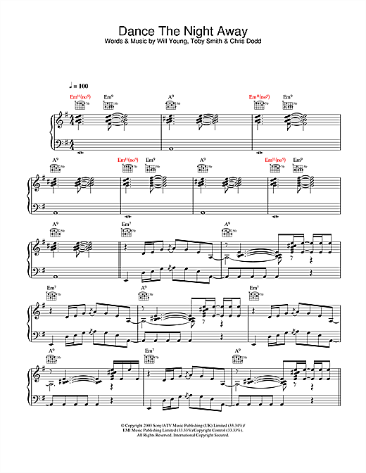 Preview Will Young Dance The Night Away Pop sheet music, notes and chords for Piano, Vocal & Guitar, SKU: 26499 sheet music, piano notes, chords, guitar tabs, score, transpose, transcribe, how to play, guide, download, learn, tutorial, progression, song, artist, awards, billboard, mtv, vh1, tour, single, album, release