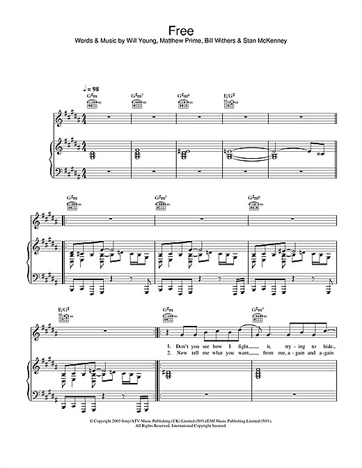 Preview Will Young Free Pop sheet music, notes and chords for Piano, Vocal & Guitar, SKU: 26500 sheet music, piano notes, chords, guitar tabs, score, transpose, transcribe, how to play, guide, download, learn, tutorial, progression, song, artist, awards, billboard, mtv, vh1, tour, single, album, release