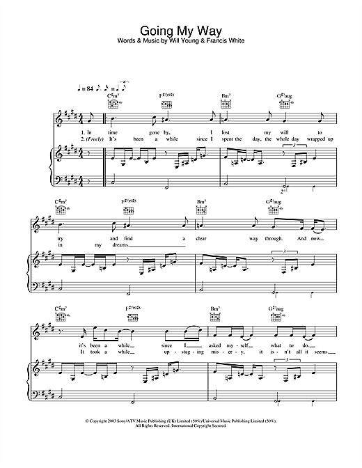 Preview Will Young Going My Way Pop sheet music, notes and chords for Piano, Vocal & Guitar, SKU: 26502 sheet music, piano notes, chords, guitar tabs, score, transpose, transcribe, how to play, guide, download, learn, tutorial, progression, song, artist, awards, billboard, mtv, vh1, tour, single, album, release