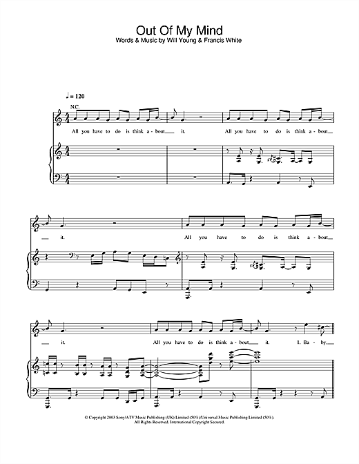 Preview Will Young Out Of My Mind Pop sheet music, notes and chords for Piano, Vocal & Guitar, SKU: 26505 sheet music, piano notes, chords, guitar tabs, score, transpose, transcribe, how to play, guide, download, learn, tutorial, progression, song, artist, awards, billboard, mtv, vh1, tour, single, album, release