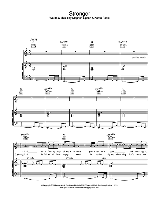 Preview Will Young Stronger Pop sheet music, notes and chords for Piano, Vocal & Guitar, SKU: 26506 sheet music, piano notes, chords, guitar tabs, score, transpose, transcribe, how to play, guide, download, learn, tutorial, progression, song, artist, awards, billboard, mtv, vh1, tour, single, album, release