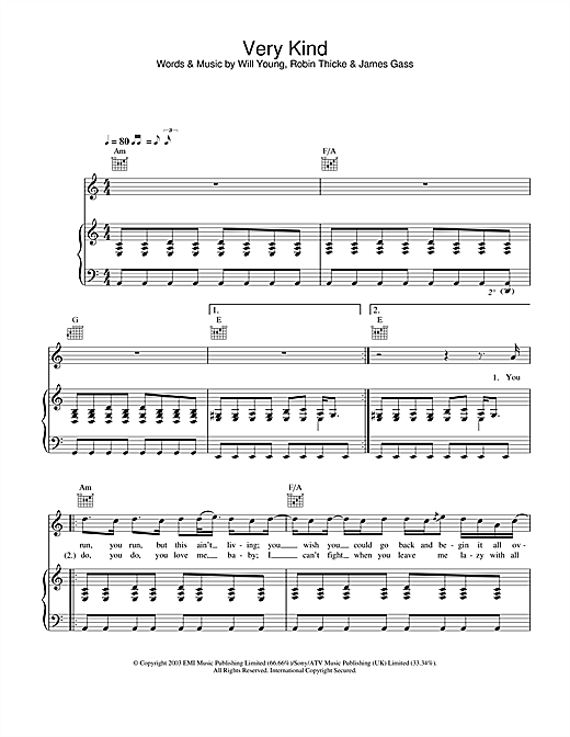 Preview Will Young Very Kind Pop sheet music, notes and chords for Piano, Vocal & Guitar, SKU: 26507 sheet music, piano notes, chords, guitar tabs, score, transpose, transcribe, how to play, guide, download, learn, tutorial, progression, song, artist, awards, billboard, mtv, vh1, tour, single, album, release