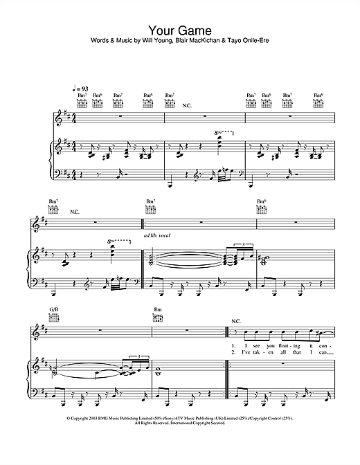 Preview Will Young Your Game Pop sheet music, notes and chords for Piano, Vocal & Guitar, SKU: 26508 sheet music, piano notes, chords, guitar tabs, score, transpose, transcribe, how to play, guide, download, learn, tutorial, progression, song, artist, awards, billboard, mtv, vh1, tour, single, album, release