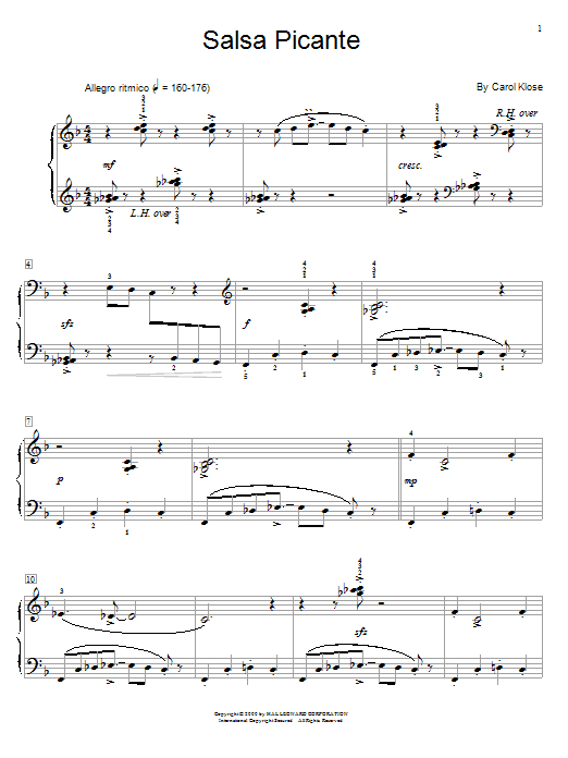 Preview Carol Klose Salsa Picante World sheet music, notes and chords for Educational Piano, SKU: 26519 sheet music, piano notes, chords, guitar tabs, score, transpose, transcribe, how to play, guide, download, learn, tutorial, progression, song, artist, awards, billboard, mtv, vh1, tour, single, album, release