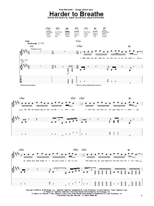 Preview Maroon 5 Harder To Breathe Rock sheet music, notes and chords for Guitar Tab, SKU: 26526 sheet music, piano notes, chords, guitar tabs, score, transpose, transcribe, how to play, guide, download, learn, tutorial, progression, song, artist, awards, billboard, mtv, vh1, tour, single, album, release