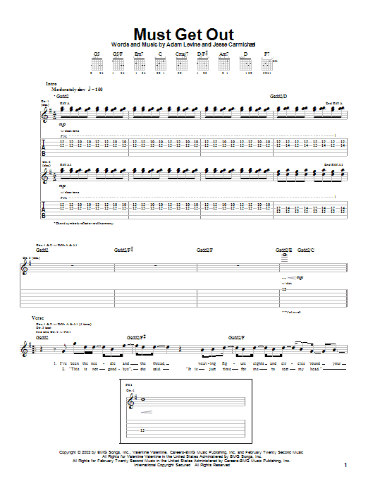 Preview Maroon 5 Must Get Out Rock sheet music, notes and chords for Guitar Tab, SKU: 26527 sheet music, piano notes, chords, guitar tabs, score, transpose, transcribe, how to play, guide, download, learn, tutorial, progression, song, artist, awards, billboard, mtv, vh1, tour, single, album, release