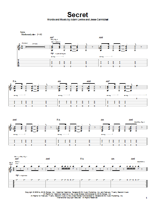 Preview Maroon 5 Secret Rock sheet music, notes and chords for Guitar Tab, SKU: 26529 sheet music, piano notes, chords, guitar tabs, score, transpose, transcribe, how to play, guide, download, learn, tutorial, progression, song, artist, awards, billboard, mtv, vh1, tour, single, album, release