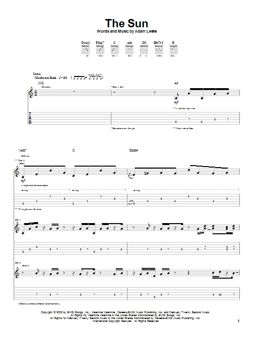 Preview Maroon 5 The Sun Rock sheet music, notes and chords for Guitar Tab, SKU: 26531 sheet music, piano notes, chords, guitar tabs, score, transpose, transcribe, how to play, guide, download, learn, tutorial, progression, song, artist, awards, billboard, mtv, vh1, tour, single, album, release