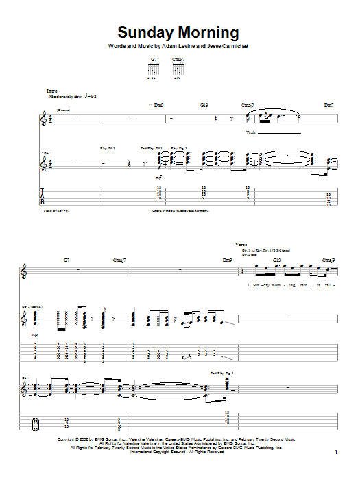Preview Maroon 5 Sunday Morning Rock sheet music, notes and chords for Guitar Tab, SKU: 26532 sheet music, piano notes, chords, guitar tabs, score, transpose, transcribe, how to play, guide, download, learn, tutorial, progression, song, artist, awards, billboard, mtv, vh1, tour, single, album, release