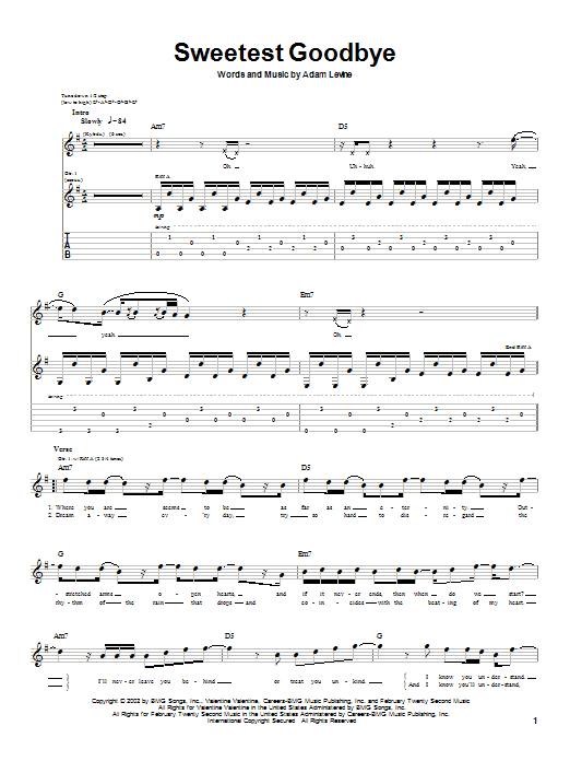 Preview Maroon 5 Sweetest Goodbye Rock sheet music, notes and chords for Guitar Tab, SKU: 26533 sheet music, piano notes, chords, guitar tabs, score, transpose, transcribe, how to play, guide, download, learn, tutorial, progression, song, artist, awards, billboard, mtv, vh1, tour, single, album, release