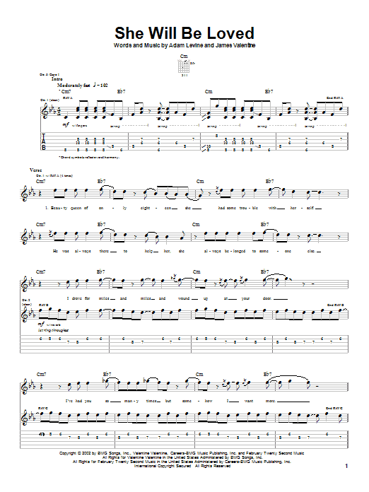 Preview Maroon 5 She Will Be Loved Rock sheet music, notes and chords for Guitar Tab, SKU: 26536 sheet music, piano notes, chords, guitar tabs, score, transpose, transcribe, how to play, guide, download, learn, tutorial, progression, song, artist, awards, billboard, mtv, vh1, tour, single, album, release