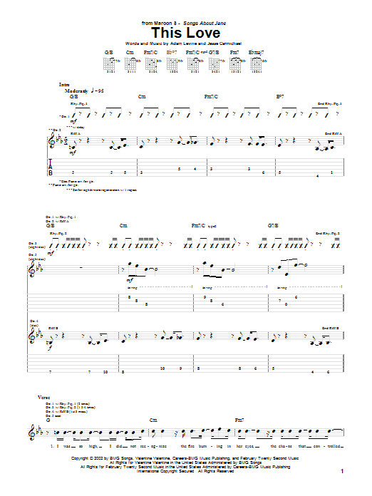 Preview Maroon 5 This Love Rock sheet music, notes and chords for Guitar Tab, SKU: 26537 sheet music, piano notes, chords, guitar tabs, score, transpose, transcribe, how to play, guide, download, learn, tutorial, progression, song, artist, awards, billboard, mtv, vh1, tour, single, album, release