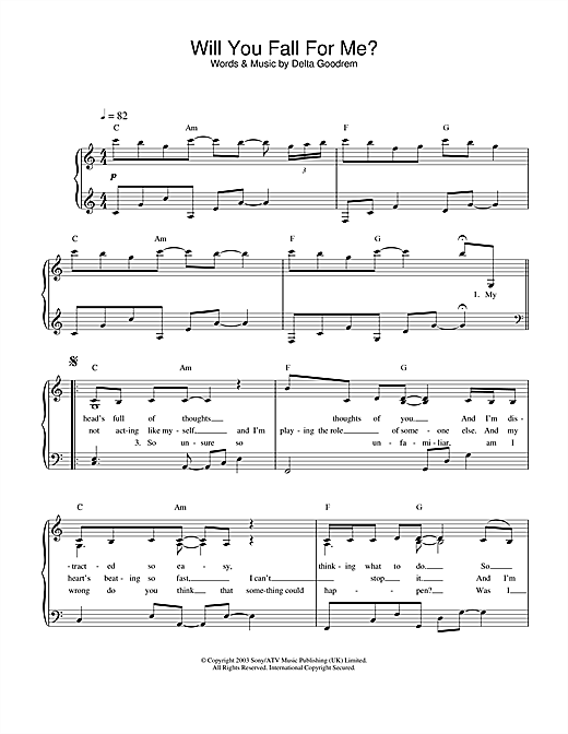 Preview Delta Goodrem Will You Fall For Me? Pop sheet music, notes and chords for Piano, SKU: 26546 sheet music, piano notes, chords, guitar tabs, score, transpose, transcribe, how to play, guide, download, learn, tutorial, progression, song, artist, awards, billboard, mtv, vh1, tour, single, album, release