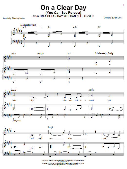 Preview Barbra Streisand On A Clear Day (You Can See Forever) Musicals sheet music, notes and chords for Piano, Vocal & Guitar (Right-Hand Melody), SKU: 26552 sheet music, piano notes, chords, guitar tabs, score, transpose, transcribe, how to play, guide, download, learn, tutorial, progression, song, artist, awards, billboard, mtv, vh1, tour, single, album, release