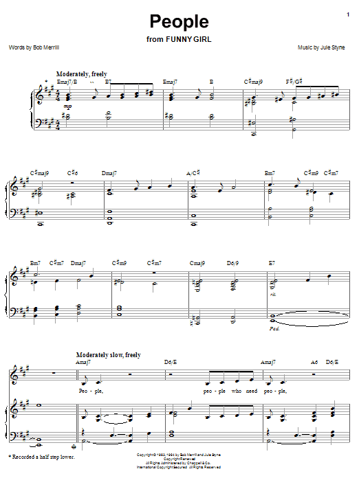 Preview Barbra Streisand People Broadway sheet music, notes and chords for Piano, Vocal & Guitar (Right-Hand Melody), SKU: 26553 sheet music, piano notes, chords, guitar tabs, score, transpose, transcribe, how to play, guide, download, learn, tutorial, progression, song, artist, awards, billboard, mtv, vh1, tour, single, album, release