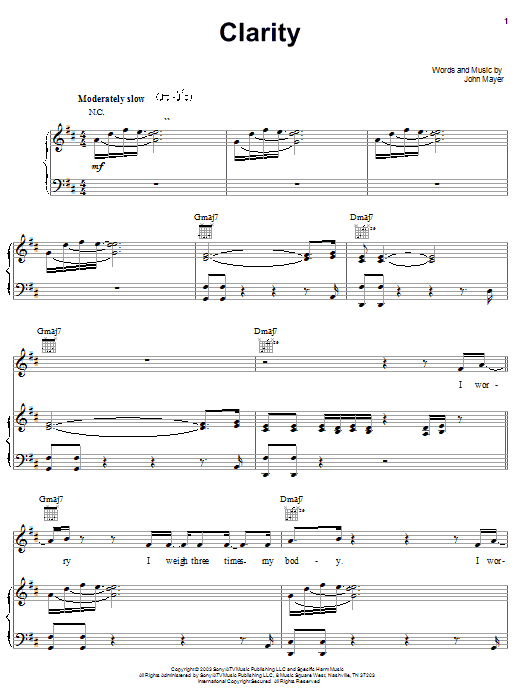 Preview John Mayer Clarity Rock sheet music, notes and chords for Piano, Vocal & Guitar (Right-Hand Melody), SKU: 26564 sheet music, piano notes, chords, guitar tabs, score, transpose, transcribe, how to play, guide, download, learn, tutorial, progression, song, artist, awards, billboard, mtv, vh1, tour, single, album, release