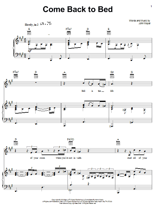 Preview John Mayer Come Back To Bed Rock sheet music, notes and chords for Piano, Vocal & Guitar (Right-Hand Melody), SKU: 26566 sheet music, piano notes, chords, guitar tabs, score, transpose, transcribe, how to play, guide, download, learn, tutorial, progression, song, artist, awards, billboard, mtv, vh1, tour, single, album, release