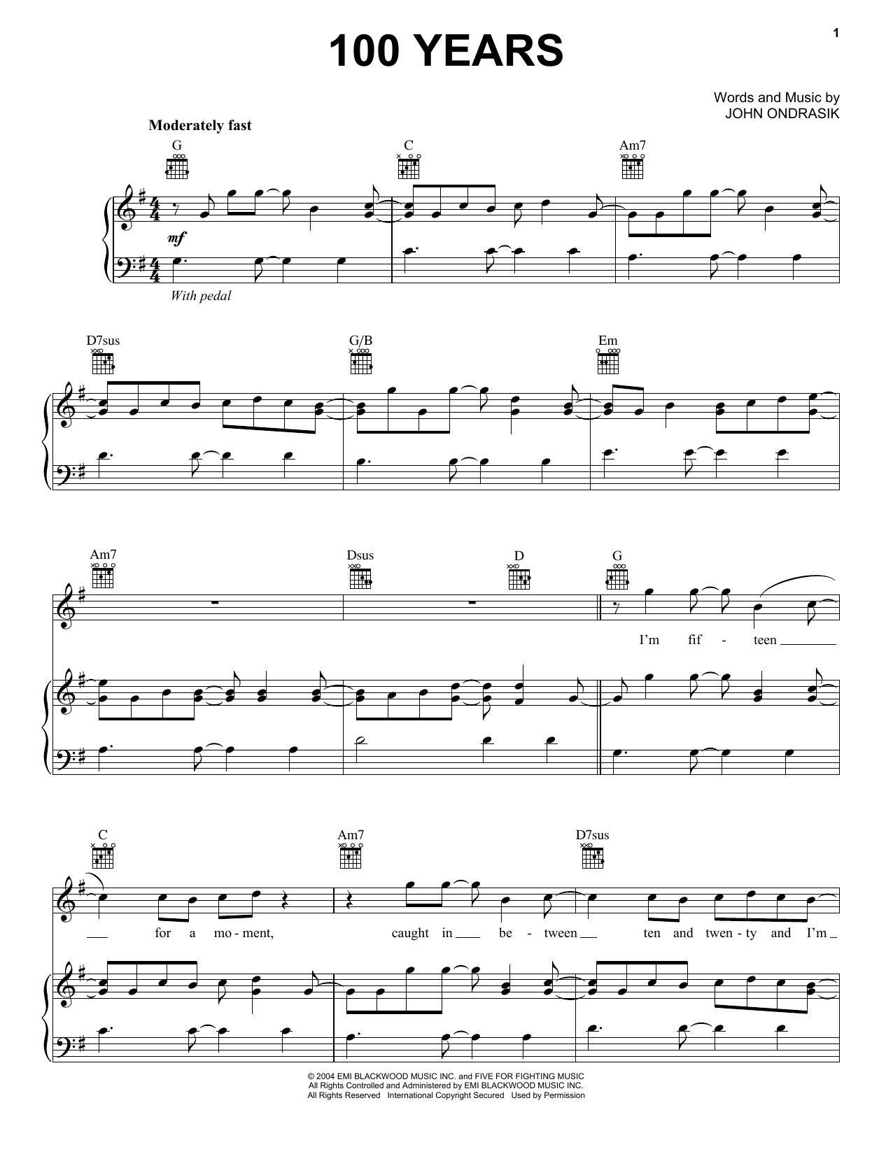 Preview Five For Fighting 100 Years Rock sheet music, notes and chords for Piano, Vocal & Guitar (Right-Hand Melody), SKU: 26572 sheet music, piano notes, chords, guitar tabs, score, transpose, transcribe, how to play, guide, download, learn, tutorial, progression, song, artist, awards, billboard, mtv, vh1, tour, single, album, release