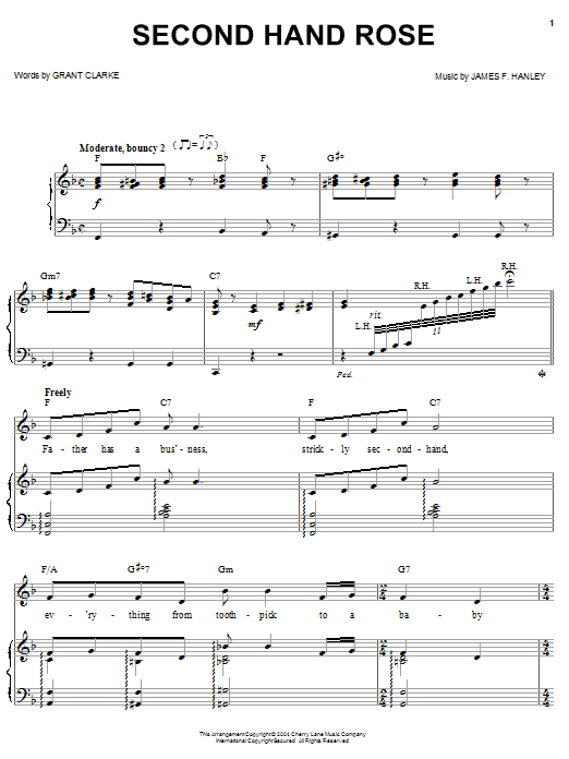 Preview Barbra Streisand Second Hand Rose (from Second Avenue) Musicals sheet music, notes and chords for Piano, Vocal & Guitar (Right-Hand Melody), SKU: 26575 sheet music, piano notes, chords, guitar tabs, score, transpose, transcribe, how to play, guide, download, learn, tutorial, progression, song, artist, awards, billboard, mtv, vh1, tour, single, album, release