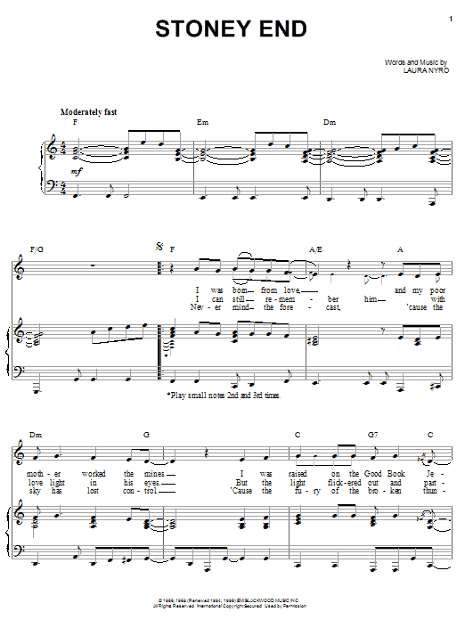 Preview Barbra Streisand Stoney End Jazz sheet music, notes and chords for Piano, Vocal & Guitar (Right-Hand Melody), SKU: 26576 sheet music, piano notes, chords, guitar tabs, score, transpose, transcribe, how to play, guide, download, learn, tutorial, progression, song, artist, awards, billboard, mtv, vh1, tour, single, album, release
