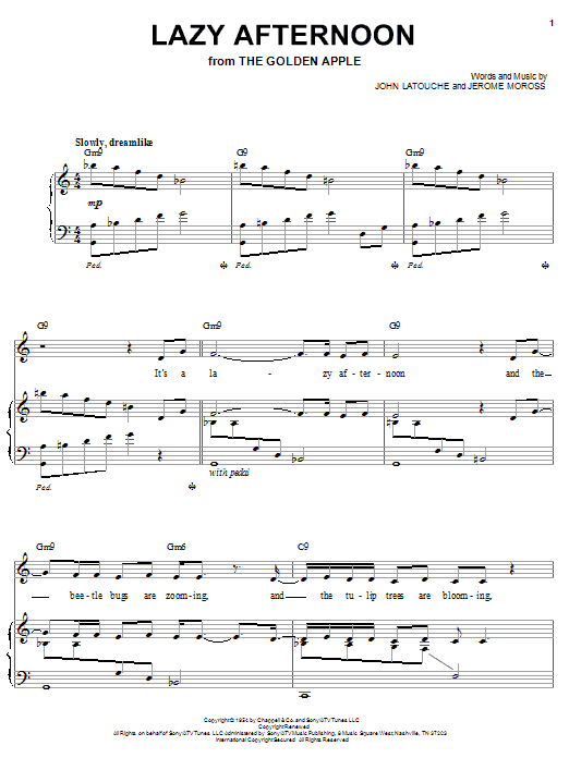 Preview Barbra Streisand Lazy Afternoon Broadway sheet music, notes and chords for Piano, Vocal & Guitar (Right-Hand Melody), SKU: 26581 sheet music, piano notes, chords, guitar tabs, score, transpose, transcribe, how to play, guide, download, learn, tutorial, progression, song, artist, awards, billboard, mtv, vh1, tour, single, album, release