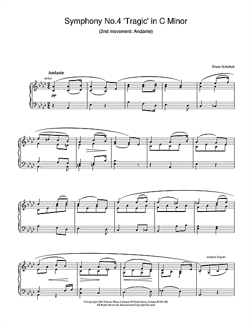 Preview Franz Schubert Symphony No.4 'Tragic' in C Minor - 2nd Movement: Andante Classical sheet music, notes and chords for Piano, SKU: 26582 sheet music, piano notes, chords, guitar tabs, score, transpose, transcribe, how to play, guide, download, learn, tutorial, progression, song, artist, awards, billboard, mtv, vh1, tour, single, album, release