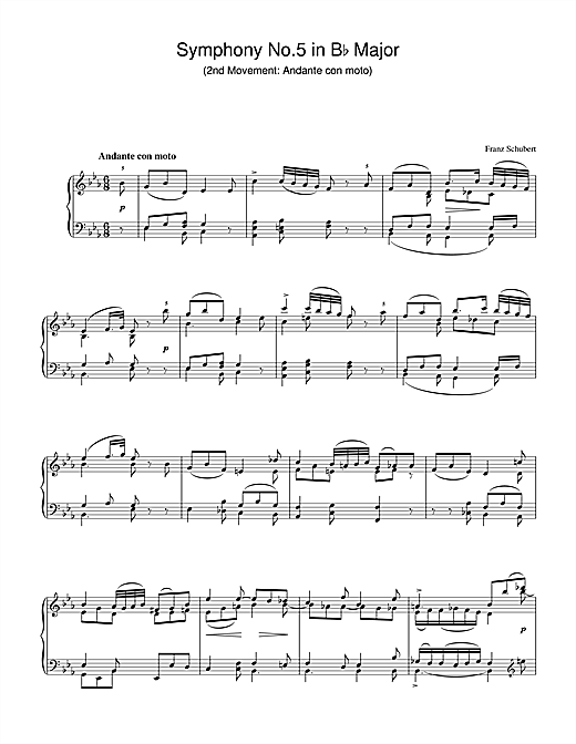 Preview Franz Schubert Symphony No.5 in B Flat Major - 2nd Movement: Andante con moto Classical sheet music, notes and chords for Piano, SKU: 26584 sheet music, piano notes, chords, guitar tabs, score, transpose, transcribe, how to play, guide, download, learn, tutorial, progression, song, artist, awards, billboard, mtv, vh1, tour, single, album, release