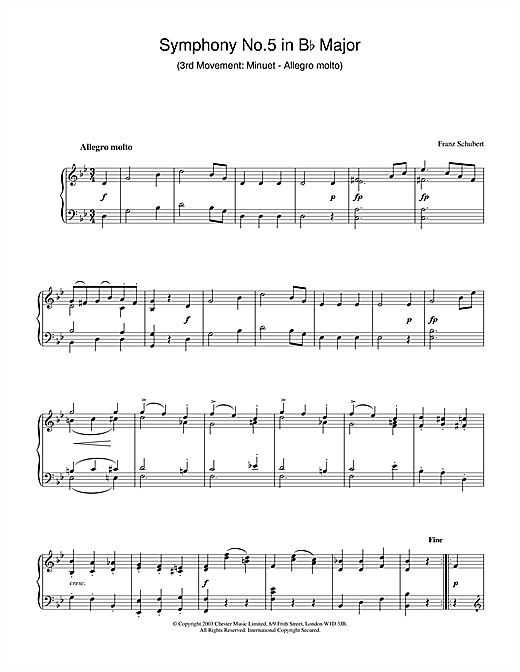 Preview Franz Schubert Symphony No.5 in B Flat Major - 3rd Movement: Minuet - Allegro molto Classical sheet music, notes and chords for Piano, SKU: 26585 sheet music, piano notes, chords, guitar tabs, score, transpose, transcribe, how to play, guide, download, learn, tutorial, progression, song, artist, awards, billboard, mtv, vh1, tour, single, album, release
