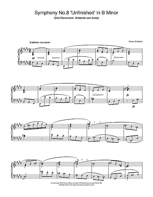 Preview Franz Schubert Symphony No.8 'Unfinished' in B Minor - 2nd Movement: Andante con moto Classical sheet music, notes and chords for Piano, SKU: 26586 sheet music, piano notes, chords, guitar tabs, score, transpose, transcribe, how to play, guide, download, learn, tutorial, progression, song, artist, awards, billboard, mtv, vh1, tour, single, album, release