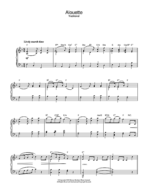 Preview Traditional Alouette Folk sheet music, notes and chords for Piano, SKU: 26588 sheet music, piano notes, chords, guitar tabs, score, transpose, transcribe, how to play, guide, download, learn, tutorial, progression, song, artist, awards, billboard, mtv, vh1, tour, single, album, release