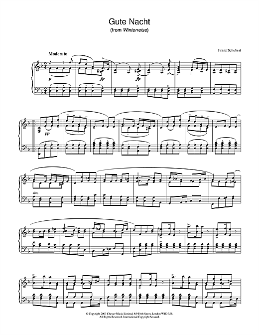 Preview Franz Schubert Gute Nacht (from 'Winterreise') Classical sheet music, notes and chords for Piano, SKU: 26597 sheet music, piano notes, chords, guitar tabs, score, transpose, transcribe, how to play, guide, download, learn, tutorial, progression, song, artist, awards, billboard, mtv, vh1, tour, single, album, release