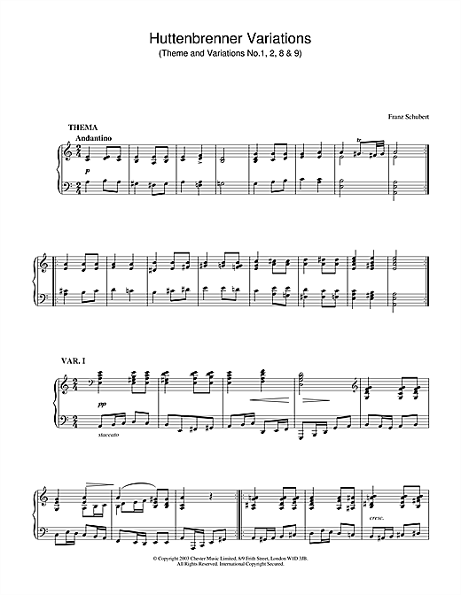 Preview Franz Schubert Huttenbrenner Variations (Theme and Variations Nos. 1, 2, 8 & 9) Classical sheet music, notes and chords for Piano, SKU: 26599 sheet music, piano notes, chords, guitar tabs, score, transpose, transcribe, how to play, guide, download, learn, tutorial, progression, song, artist, awards, billboard, mtv, vh1, tour, single, album, release