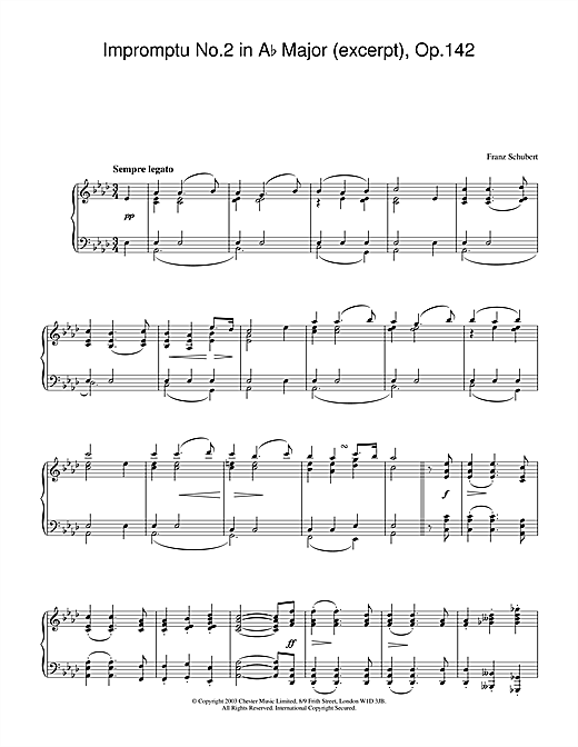 Preview Franz Schubert Impromptu No. 2 in A Flat Major (excerpt), Op.142 Classical sheet music, notes and chords for Piano, SKU: 26601 sheet music, piano notes, chords, guitar tabs, score, transpose, transcribe, how to play, guide, download, learn, tutorial, progression, song, artist, awards, billboard, mtv, vh1, tour, single, album, release