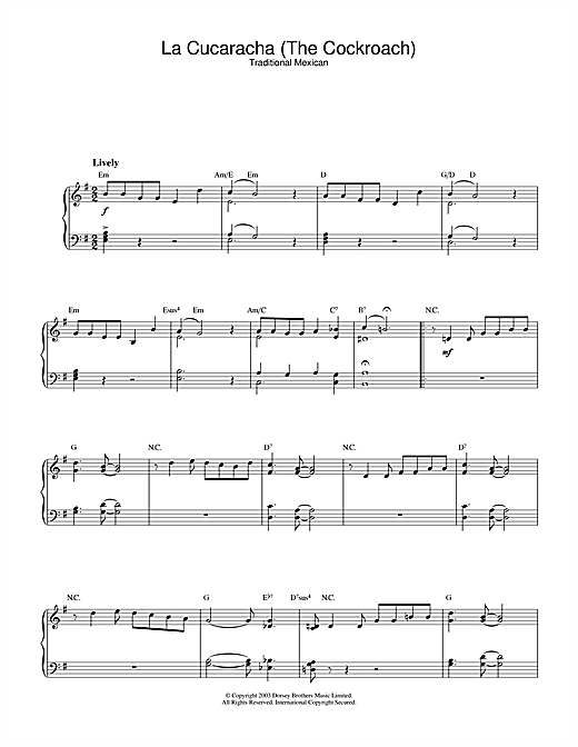 Preview Traditional La Cucaracha (The Cockroach) Folk sheet music, notes and chords for Piano, SKU: 26603 sheet music, piano notes, chords, guitar tabs, score, transpose, transcribe, how to play, guide, download, learn, tutorial, progression, song, artist, awards, billboard, mtv, vh1, tour, single, album, release