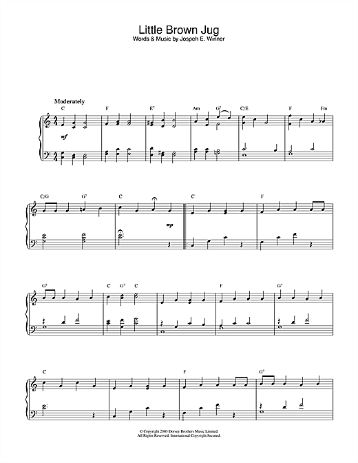 Preview Traditional Little Brown Jug Folk sheet music, notes and chords for Piano, SKU: 26607 sheet music, piano notes, chords, guitar tabs, score, transpose, transcribe, how to play, guide, download, learn, tutorial, progression, song, artist, awards, billboard, mtv, vh1, tour, single, album, release
