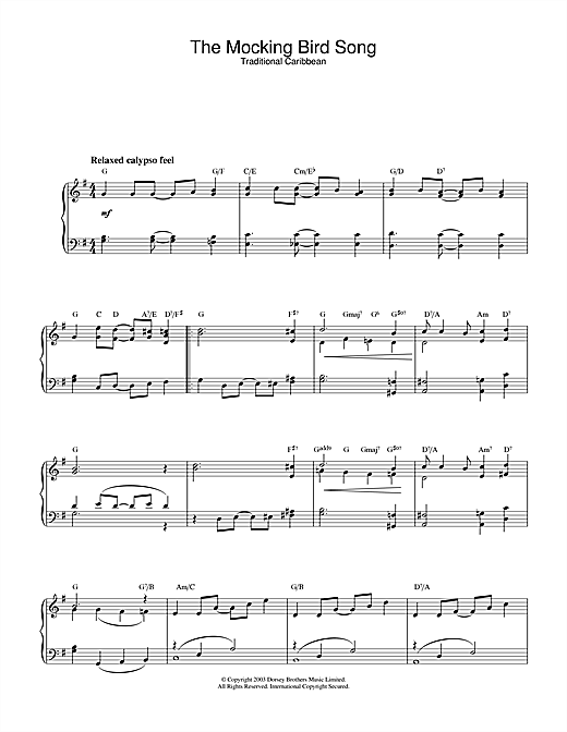 Preview Traditional The Mocking Bird Song Folk sheet music, notes and chords for Piano, SKU: 26608 sheet music, piano notes, chords, guitar tabs, score, transpose, transcribe, how to play, guide, download, learn, tutorial, progression, song, artist, awards, billboard, mtv, vh1, tour, single, album, release